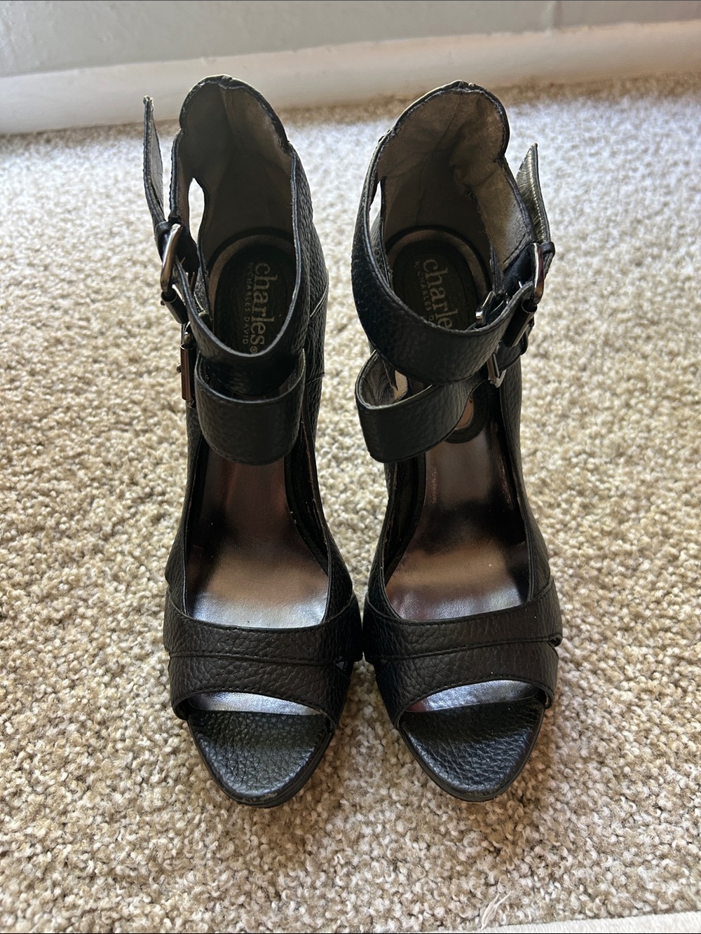 Charles by Charles David Black Leather Open-Toe Ankle-Strap Heels